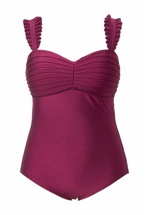 Costume da bagno intero bordeaux con corpino arricciato e imbottito e spalline regolabili con volant. Tessuto liscio con un leggero luccichio, copertura totale della schiena.