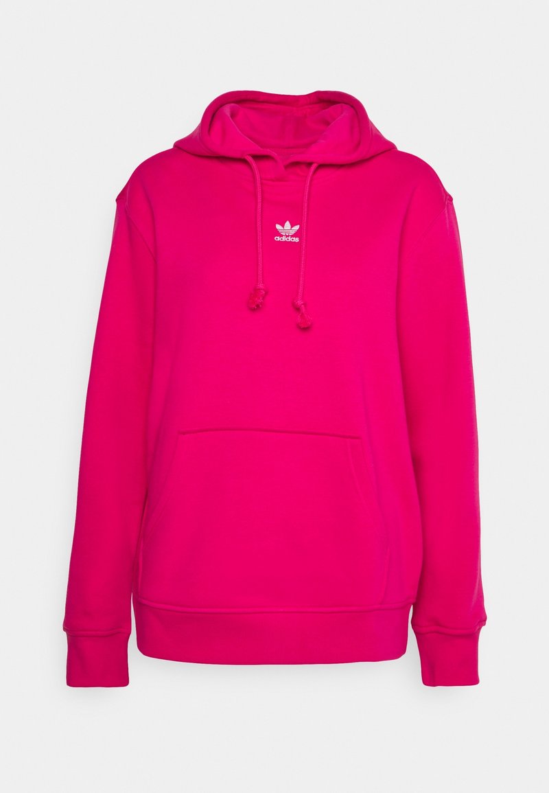 Pink hooded sweatshirt with a front pocket, drawstring hood, and embroidered logo. Made of soft fabric with ribbed cuffs and hem.