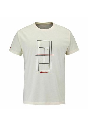 White short-sleeve t-shirt with a black tennis court graphic, green tennis ball dots, a red line across, and red "Babolat" logo below.