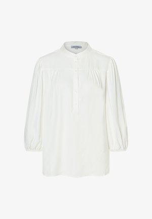 White, long-sleeve shirt with a mandarin collar, front button closure, and gathered detailing on sleeves. Smooth fabric and relaxed fit.