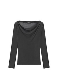 Maglietta a maniche lunghe in tessuto grigio scuro, caratterizzata da un collo drappeggiato e una superficie liscia, con orlo dritto in vita.