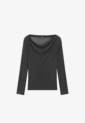 Haut à manches longues en tissu gris foncé, présentant un décolleté drapé et une texture lisse, avec un ourlet droit à la taille.