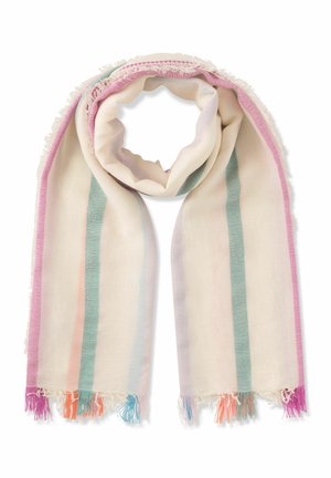 Hellbeiger Schal mit vertikalen Pastellstreifen in Rosa, Blau, Grün und Flieder, Fransenenden in passenden Farben, locker gefaltet.