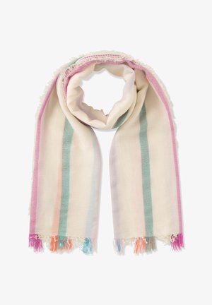 Light beige scarf with vertical pastel stripes in pink, blue, green, and lilac, fringed ends in matching colors, loosely folded.