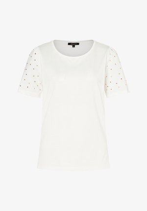 Witte T-shirt met een ronde halslijn en korte mouwen, voorzien van geplooide details met gouden studs op de mouwen. Zacht katoenen stof.