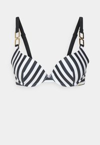 Sutiã acolchoado de riscas preto e branco com alças ajustáveis pretas e acabamentos em dourado. Apresenta um design clássico de decote profundo.