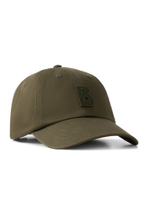 Olive green baseball cap with curved brim and stitched letter "B" on the front panel, displayed on a white background.