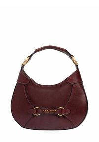 Bordeaux læderhåndtaske med en buet form, kort hank, gyldne hardware-accenter og et syet design med en central spænde-detalje.