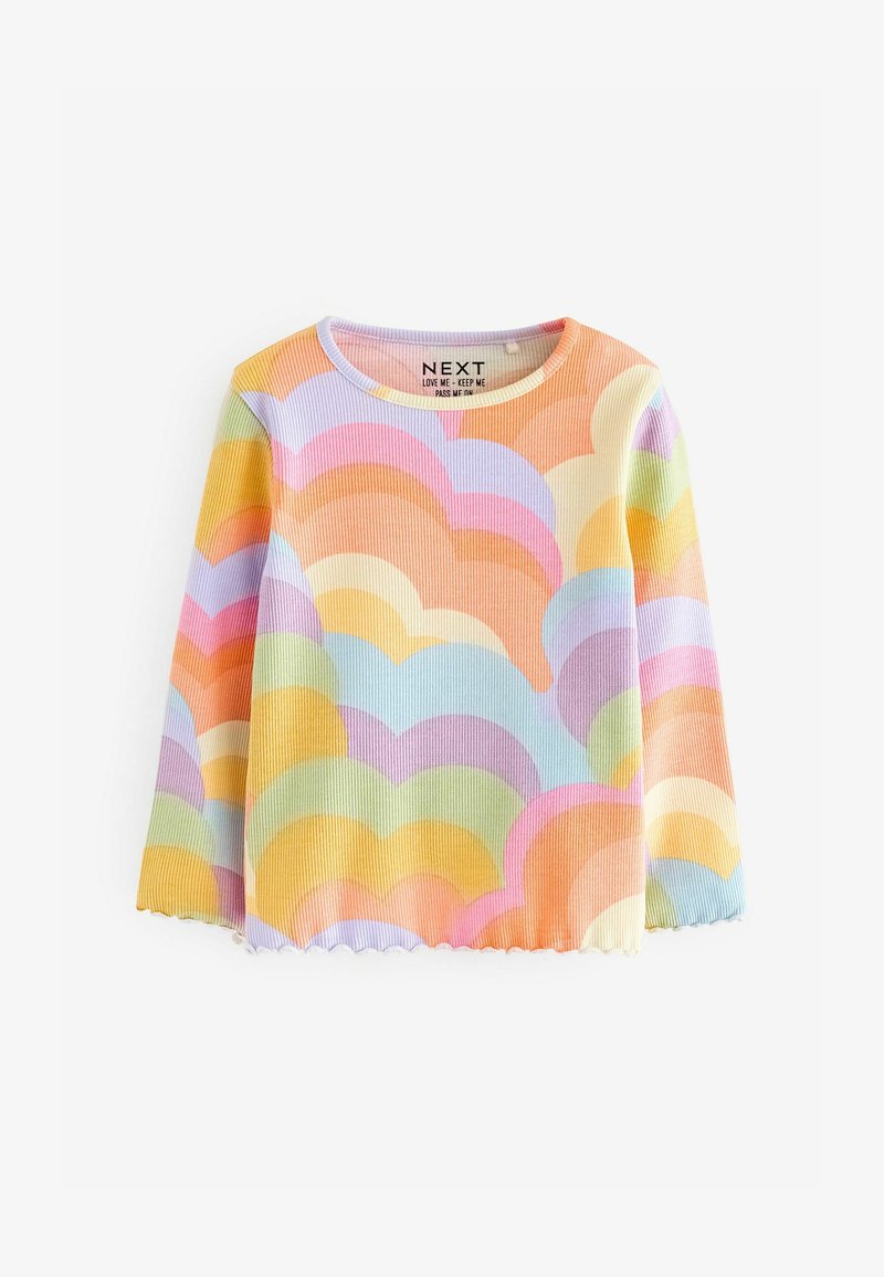 Színes bordás, hosszú ujjú felső, amely hullámos felhőmintával díszített pasztell rózsaszín, narancs, sárga, zöld és kék árnyalatokban. Lépéses szegély.