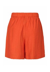 Oranssin väriset pellavashortsit, joissa on joustava vyötärö, tekstuurinen kangas ja rento malli, joka ulottuu puoliväliin reittä.