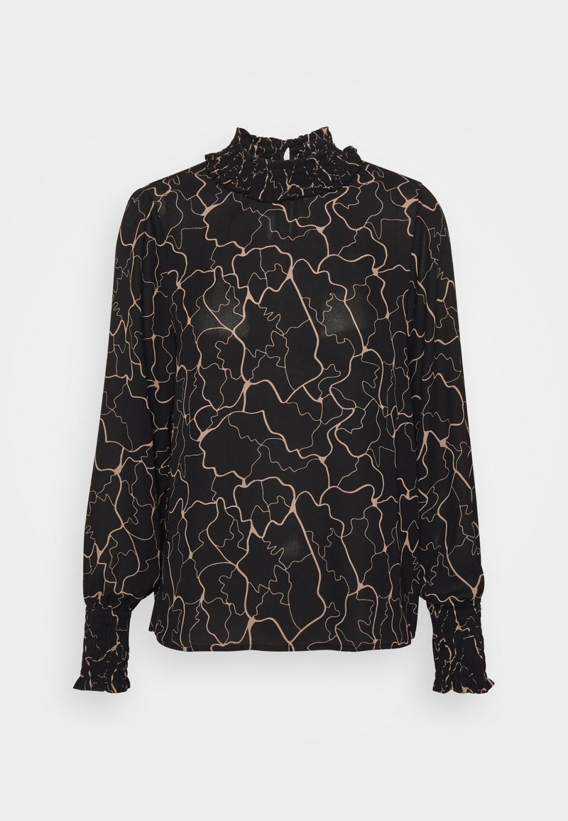 Blouse noire à manches longues avec un col rufflé haut, des poignets élastiques et un motif abstrait en lignes beige sur tout le tissu.
