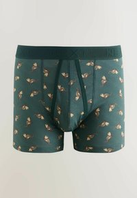 Vihreät miesten bokserialushousut, joissa on ohuet vaakaraidat ja leikkisä saukkojen kuvio kankaassa, tummanvihreä vyötärönauha, jossa hillitty brändäys.