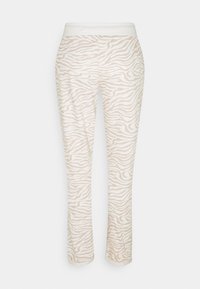 Lichtbeige broek met een subtiel zebrapatroon in donkerder beige, slim fit ontwerp met een witte elastische tailleband.