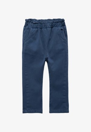 Pantalones de algodón de mezcla azul con cintura elástica, dos bolsillos laterales, diseño de pierna recta y textura suave. Sin patrones ni acentos visibles.