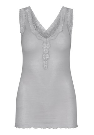Graues Camisole mit V-Ausschnitt und Spitzenbesatz, ausgestattet mit einem detaillierten Spitzenpaneel entlang der Mitte und gewellten Kanten am Saum.
