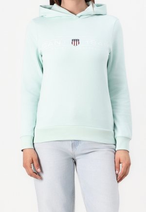 Person iført en lyse mintgrøn hættetrøje med GANT 1949-logo og skjoldemblem, kombineret med lyseblå jeans mod en hvid baggrund.