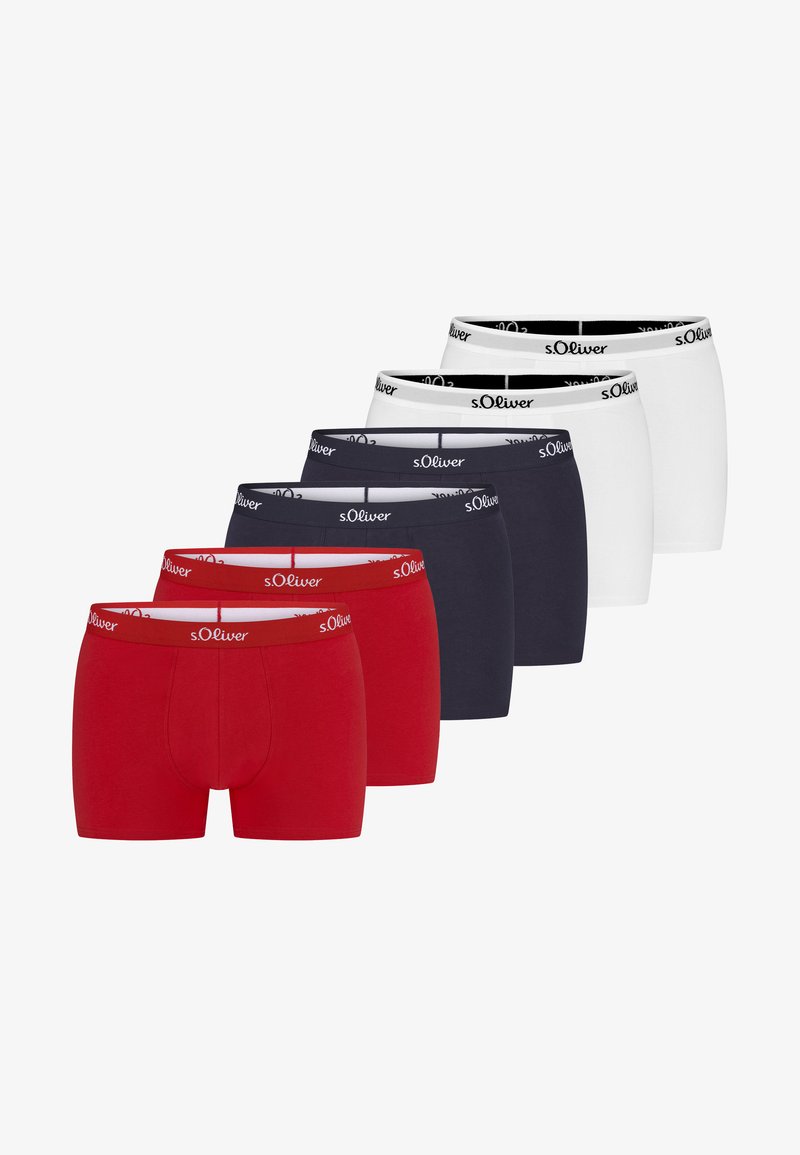 Sechs Paar Boxershorts in Rot, Marineblau und Weiß. Baumwollmaterial mit elastischem Bund, der das 's.Oliver'-Logo trägt. Klassisches Design.