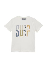 Balta medvilnės marškinėliai su "SURF" grafika mėlynomis, žaliomis ir oranžinėmis spalvomis, į dizainą įkomponuota palmės siluetas.