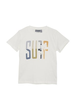 White cotton T-shirt featuring "SURF" graphic in blue, green, and orange hues with a palm tree silhouette integrated into the design.