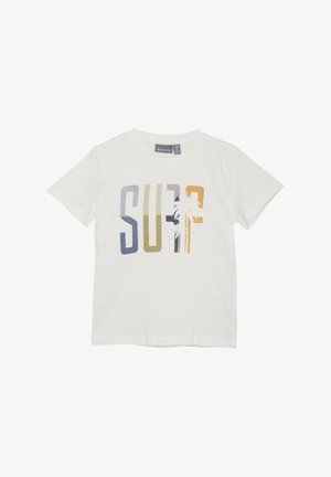 Hvid bomulds T-shirt med "SURF" grafik i blå, grønne og orange nuancer, med en palme silhouette integreret i designet.