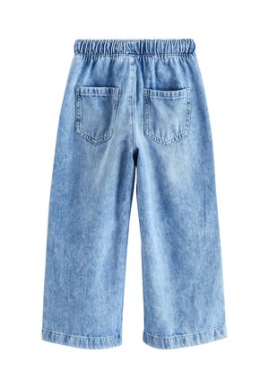 Ljusblå denim culottebyxor med resår i midjan, två bakfickor och breda, korta ben.