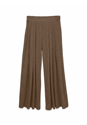 Pruunid laiade säärega püksid tekstuurse kangaga ja elastse vöökohaga, sirgelt valgel taustal.