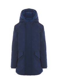 Parka blu navy con cappuccio imbottito, chiusura frontale con zip e due tasche laterali inclinate. Tessuto liscio con design minimale.