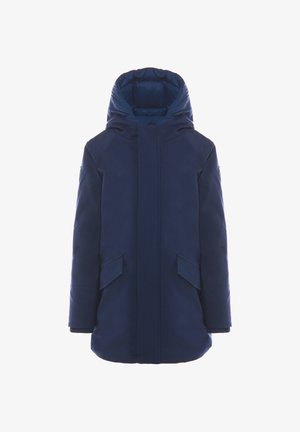 Parka blu navy con cappuccio imbottito, chiusura frontale con zip e due tasche laterali inclinate. Tessuto liscio con design minimale.
