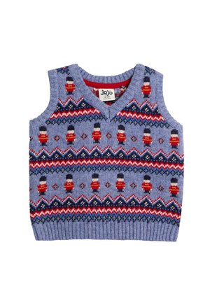 Blaues gestricktes Babyweste mit roten, weißen und marineblauen Kriegerpuppenmustern und Zickzackstreifen, ärmellos mit V-Ausschnitt.