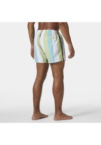 Mężczyzna stojący boso, ubrany w szorty w pionowe paski w kolorze pastelowej zieleni, niebieskiego, białego i czarnego, pokazany z tyłu na neutralnym tle.