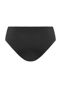 Costum de baie inferior negru realizat dintr-un material texturat, cu o croială netedă și regulată. Designul nu include modele sau embellishe.