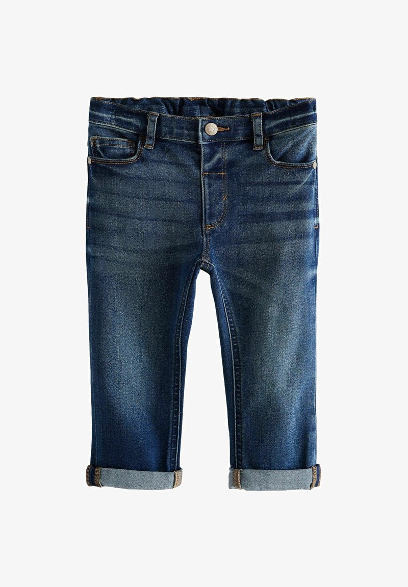 Jeans in denim blu scuro con un leggero sbiadimento, caratterizzati da una vita e orli arrotolati. Inclusi due taschini frontali e una tasca per le monete.