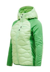 Giacca a vento verde chiaro con cappuccio, con un motivo a onda trapuntato sul davanti e maniche verdi lisce. Chiusura frontale con zip e dettaglio del logo.