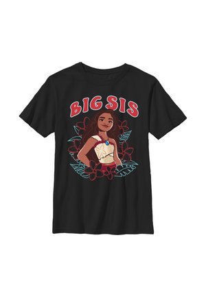 Czarny T-shirt z kreskówkową dziewczyną noszącą kwiecisty top i naszyjnik, otoczoną kwiatami, a nad nią tekst "BIG SIS".