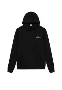 Czarny pulower z kapturem wykonany z miękkiego, teksturowanego materiału, z kieszenią z przodu, sznurkiem do regulacji kaptura oraz subtelnym białym logotypem na klatce piersiowej.