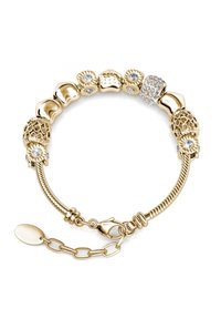 Bracciale d'oro con diverse design di perline, comprese elementi texture e lisci, con pietre trasparenti e chiusura a moschettone.