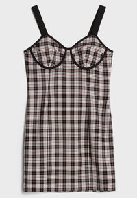 Rutig klänning med ett svart, vitt och rött rutig mönster. Har formade kupor, tunna svarta axelband och en figursydd siluett. Bomullstyg.