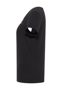 Czarny t-shirt z krótkim rękawem o luźnym kroju, wykonany z gładkiej bawełnianej tkaniny. Posiada okrągły dekolt i prosty dół.