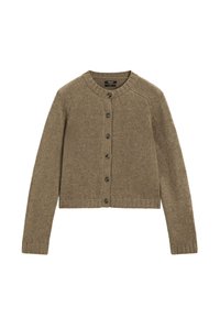 Bruine geribbelde cardigan met lange mouwen, ronde hals en zeven knopen aan de voorkant. Heeft een cropped model en een textuurbrei patroon.