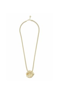 Guldtonad halsband med en spiralformad hänge, som har en slät yta och en smal, flexibel kedja. Låsning bak.