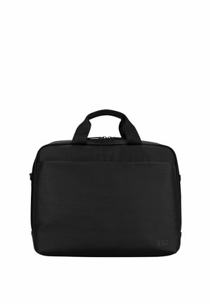 Schwarze rechteckige Laptoptasche mit zwei kurzen Griffen und einer Vorderfach, dargestellt vor weißem Hintergrund.