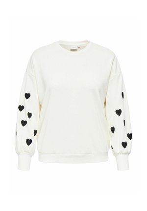 Weißer Sweatshirt mit schwarzen Herzmustern an den Ärmeln. Puffärmel und gerippte Bündchendetails. Weicher, strukturierter Stoff. Klassisches Rundhalsdesign.