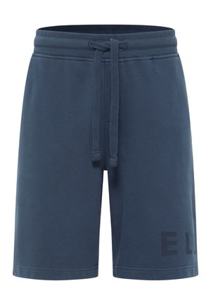 Shorts en coton bleu avec une taille élastique et un cordon de serrage. Présente un logo imprimé subtil sur le côté gauche. Texture lisse, longueur au genou.
