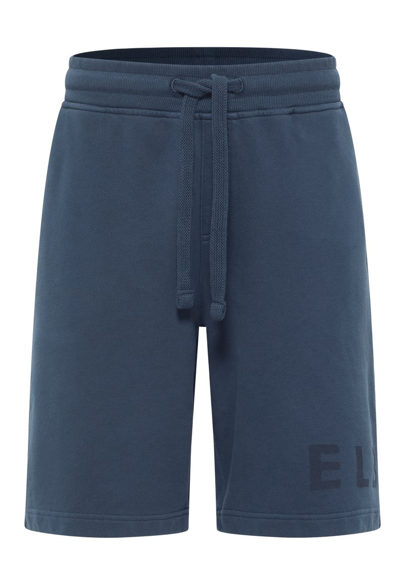 Pantaloni corti in cotone blu con elastico in vita e cordoncino. Presentano un logo stampato discreto sul lato sinistro. Tessuto liscio, lunghezza al ginocchio.