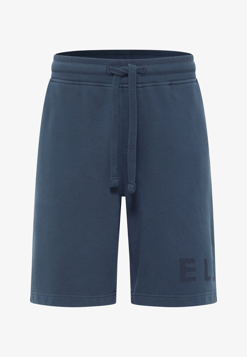 Pantaloni corti in cotone blu con elastico in vita e cordoncino. Presentano un logo stampato discreto sul lato sinistro. Tessuto liscio, lunghezza al ginocchio.