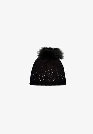 Zwarte gebreide beanie met een nep bont pompon bovenop en verspreide strass steentjes als versiering. Voorzien van een geribbelde boord.
