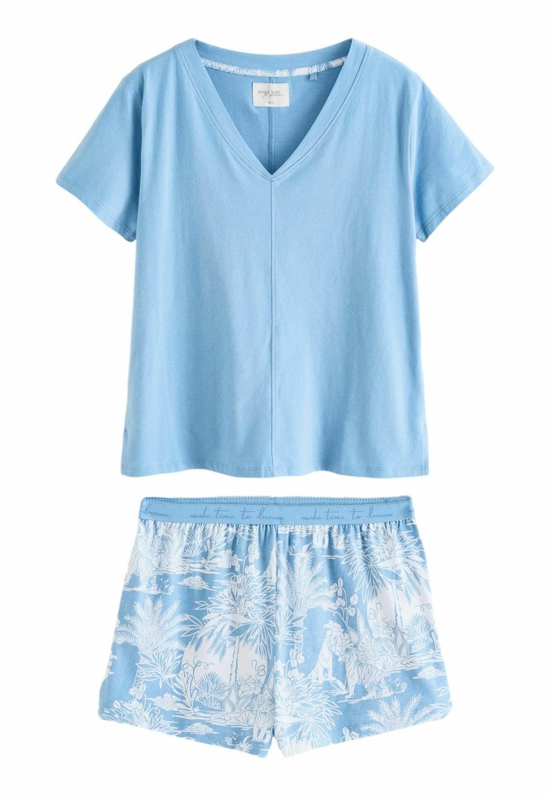 Lichtblauwe katoenen pyjama set met een V-hals, korte mouwen en shorts met een wit tropisch patroon en een elastische tailleband.