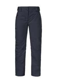 Marineblaue wasserdichte Hosen mit geradem Schnitt, mit Reißverschlusstaschen und Druckknöpfen. Hergestellt aus strapazierfähigem Stoff, mit glatter Textur und minimalistischem Design.