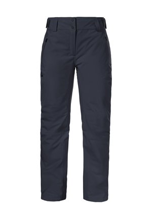 Navy waterproof pants with a straight cut, zippered pockets, and snap buttons. Made from durable fabric, featuring a smooth texture and minimal design.