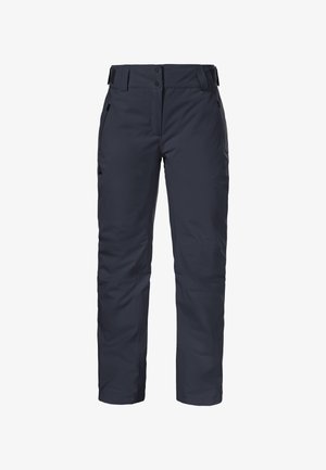 Navy waterproof pants with a straight cut, zippered pockets, and snap buttons. Made from durable fabric, featuring a smooth texture and minimal design.